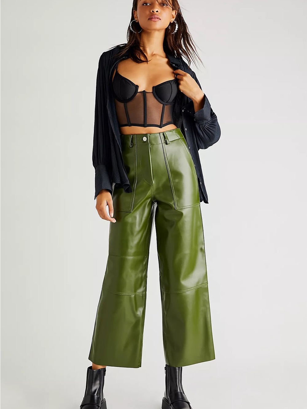 Free People Pants Womens 2 Green Faux Leather Wide Legs